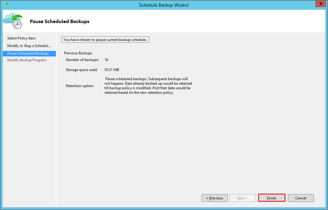 Screenshot shows how to pause a scheduled backup.