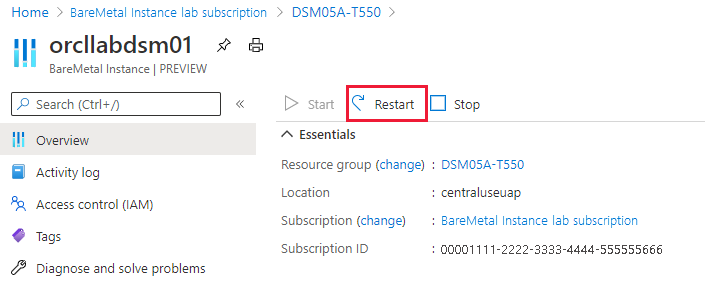 Skärmbild som visar hur du startar om BareMetal-instansen.