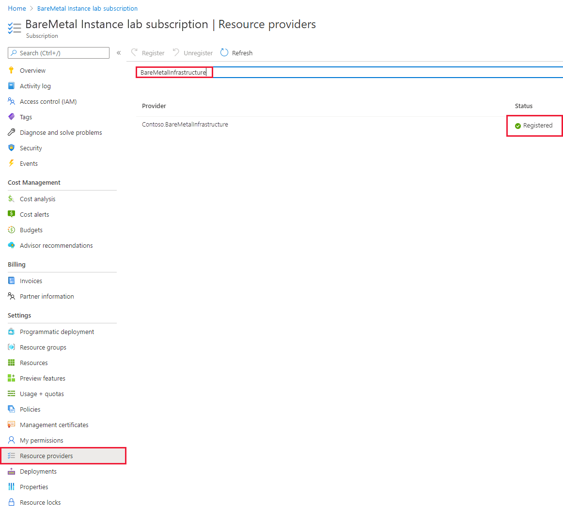 Skärmbild som visar registrerade BareMetal-instanser.