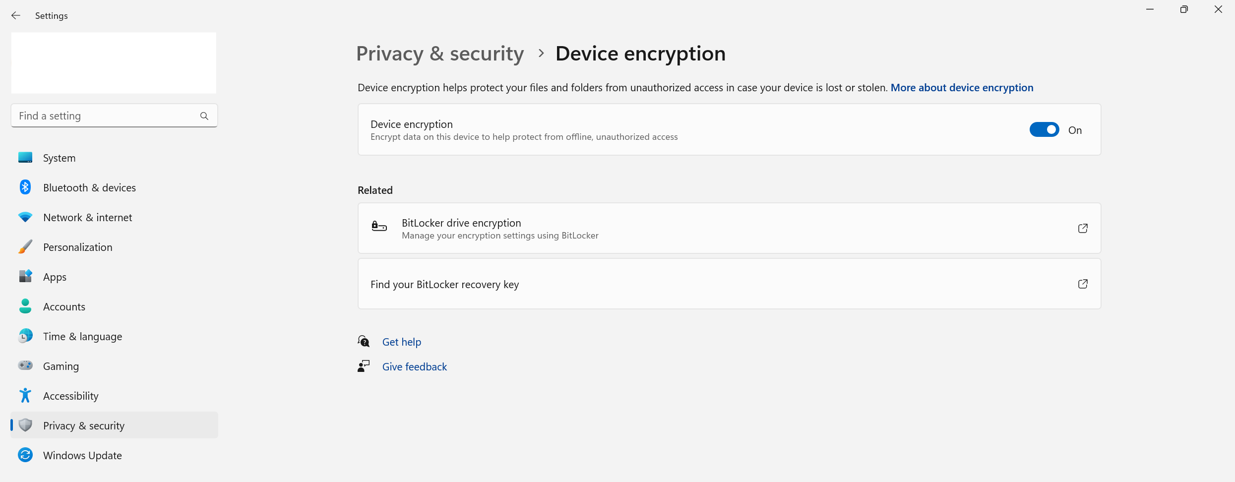 Skärmbild av enhetens krypteringsstatus.