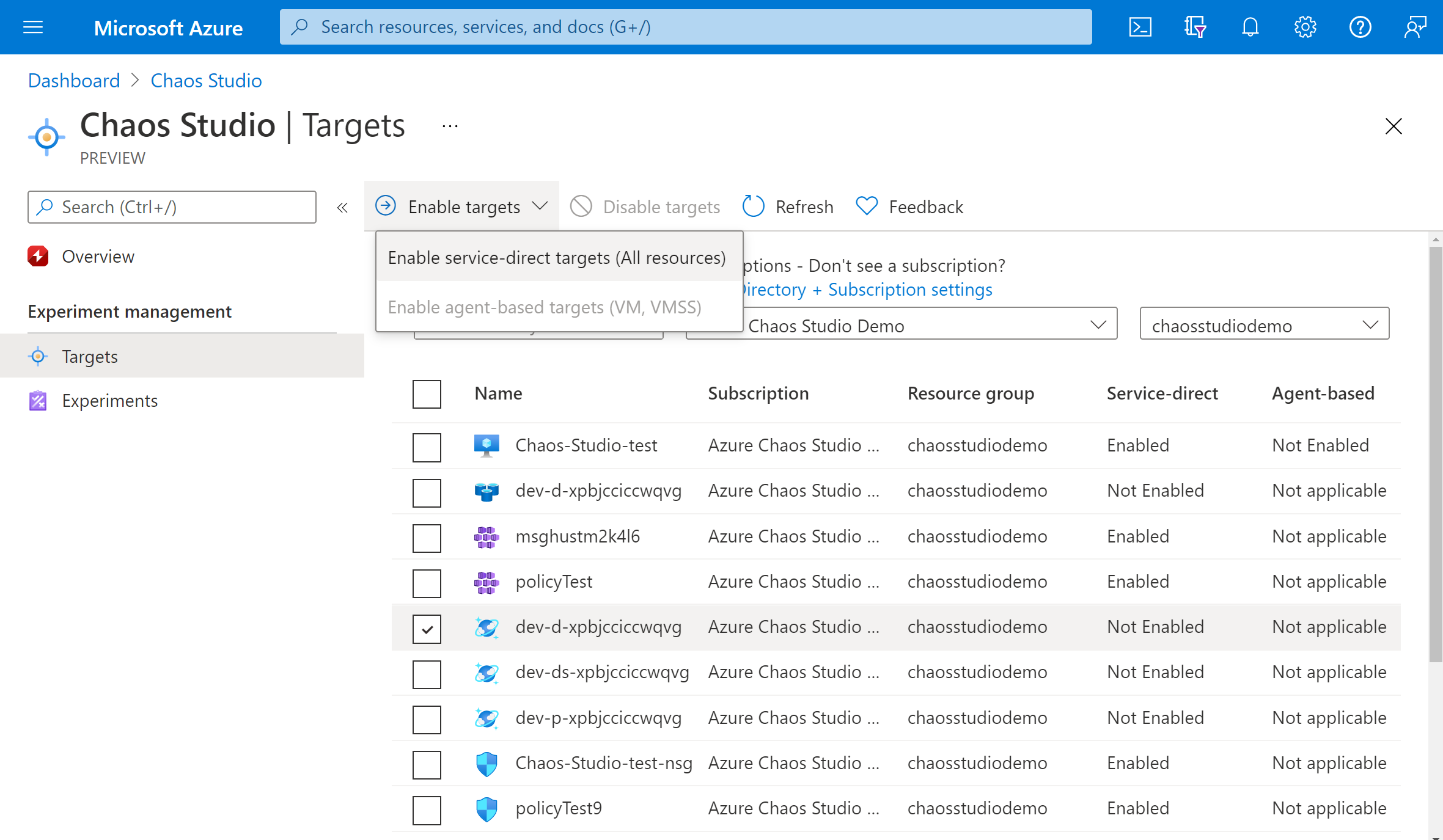 Skärmbild som visar aktivering av mål i Azure Portal.