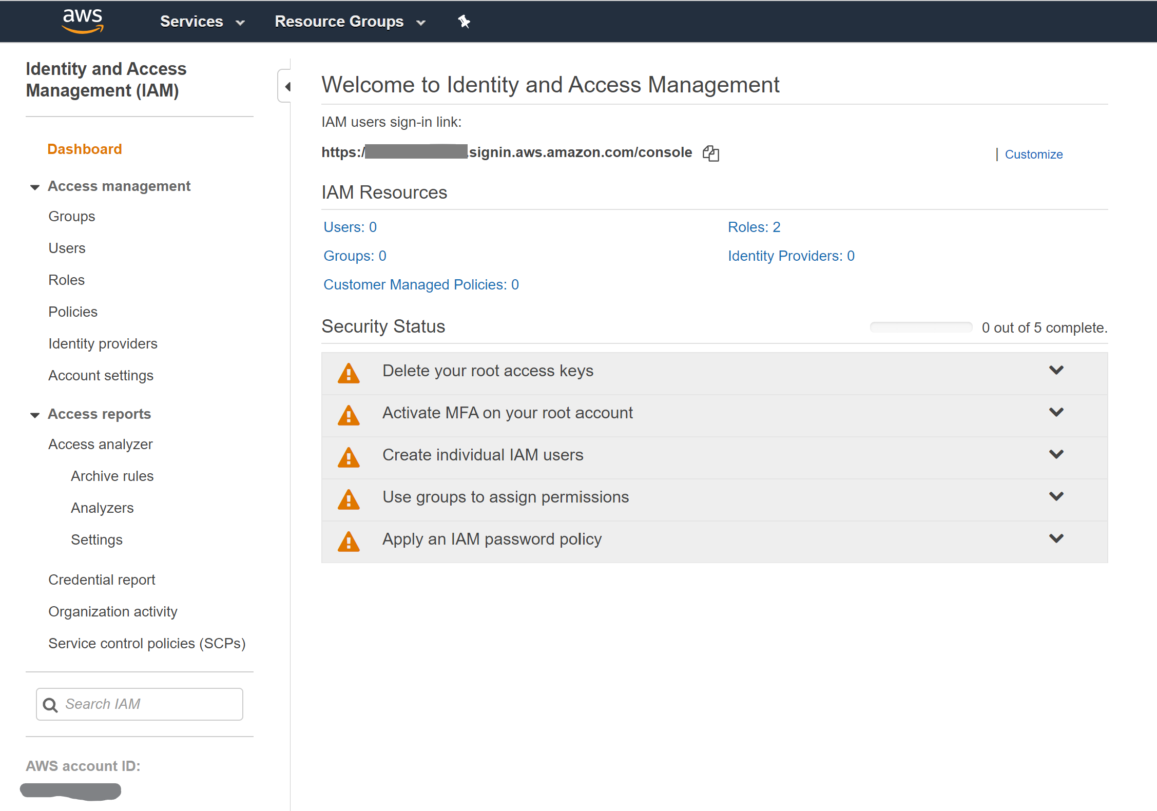 A screenshot of identity and access management in the AWS cloud console.