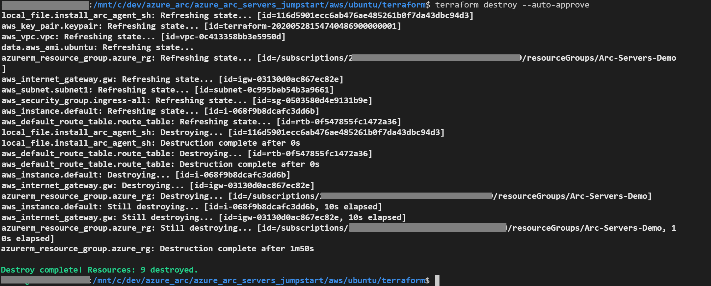 A screenshot of the terraform destroy command.