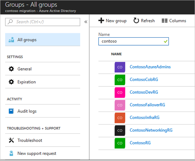 Skärmbild som visar lokala Azure Active Directory-grupper.