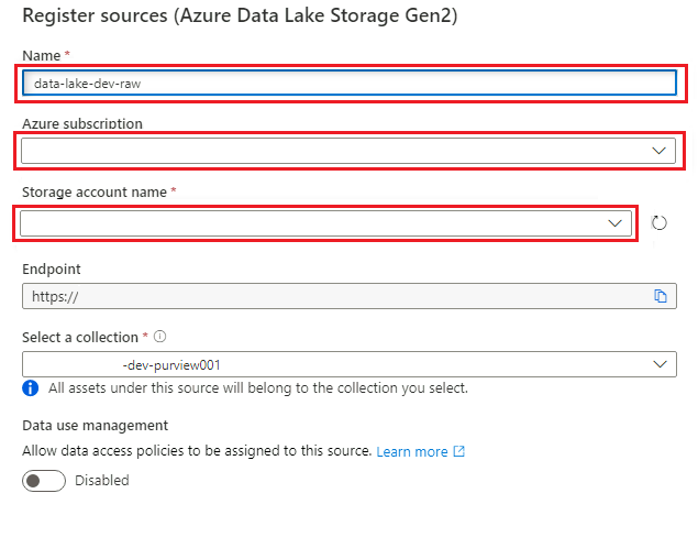 Skärmbild som visar fönstret Registrera Azure Data Lake Storage Gen2 med värden markerade.
