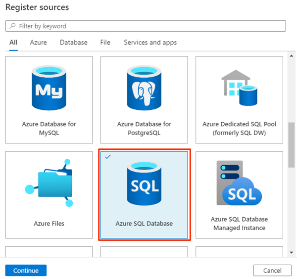 Skärmbild som visar Azure SQL Database-registreringskällan.