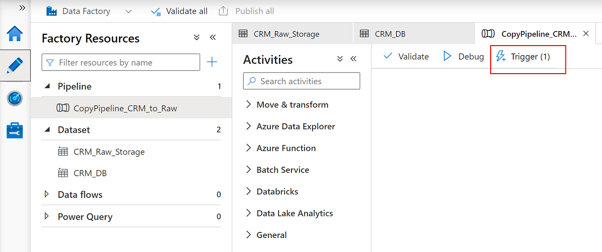 Skärmbild som visar hur du använder utlösarverktyget för att kopiera data från SQL Database till Data Lake Storage Gen2.
