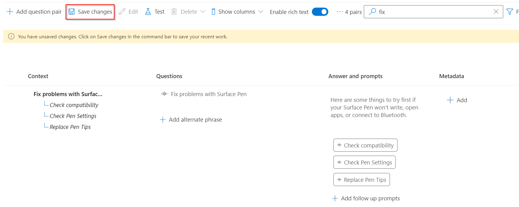 Screenshot of question answer UI with save changes highlighted in a red box