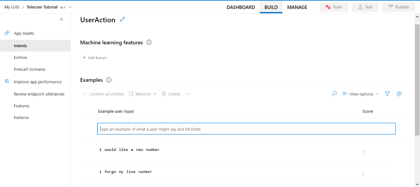 En skärmbild som visar exempelyttranden för avsikten UserAction.