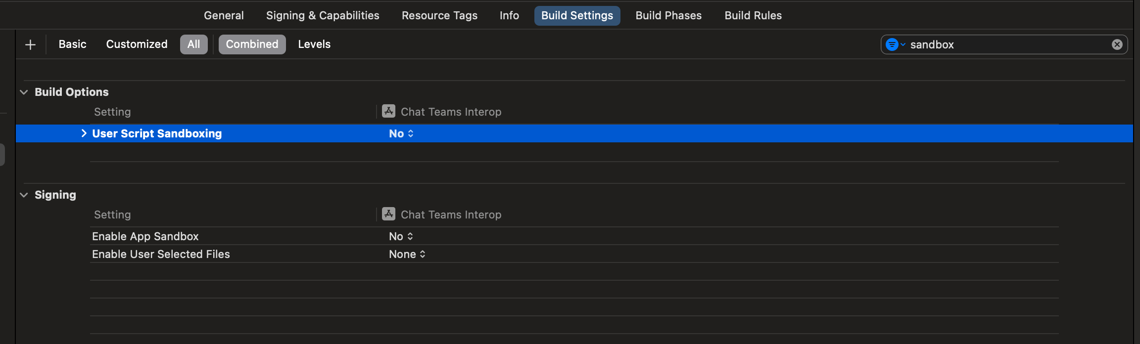 Skärmbild som visar inaktivering av sandbox-miljö för användarskript i Xcode.