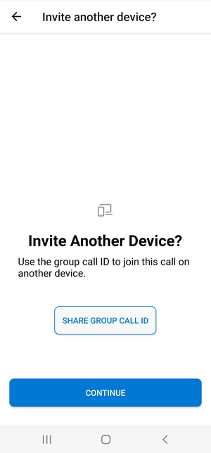 Skärmbild som visar skärmen dela gruppsamtals-ID för exempelprogrammet.