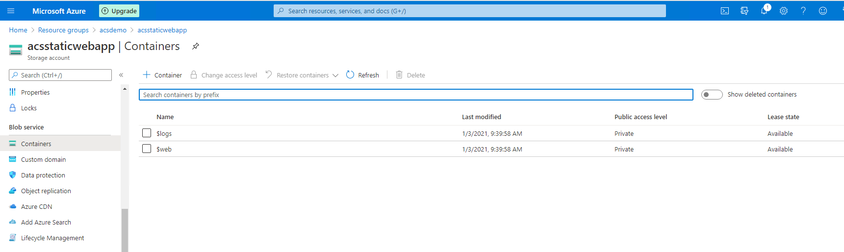 Skärmbild som visar containerkonfigurationen.