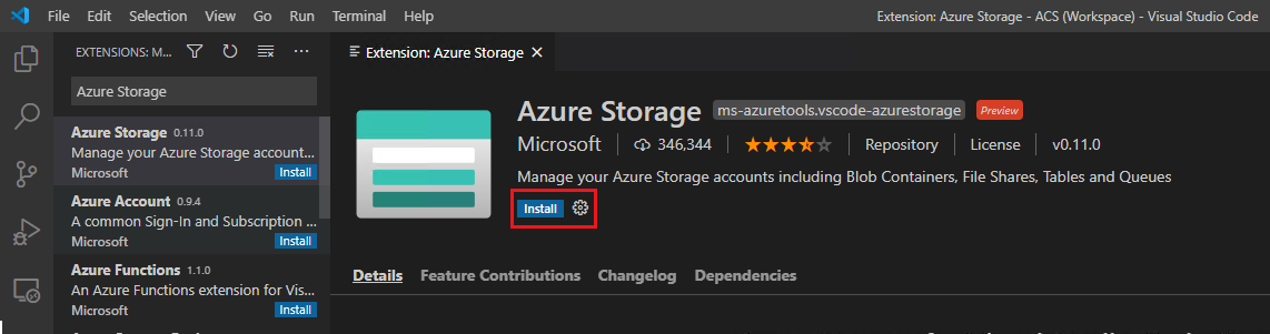 Skärmbild som visar knappen för att installera Azure Storage-tillägget.