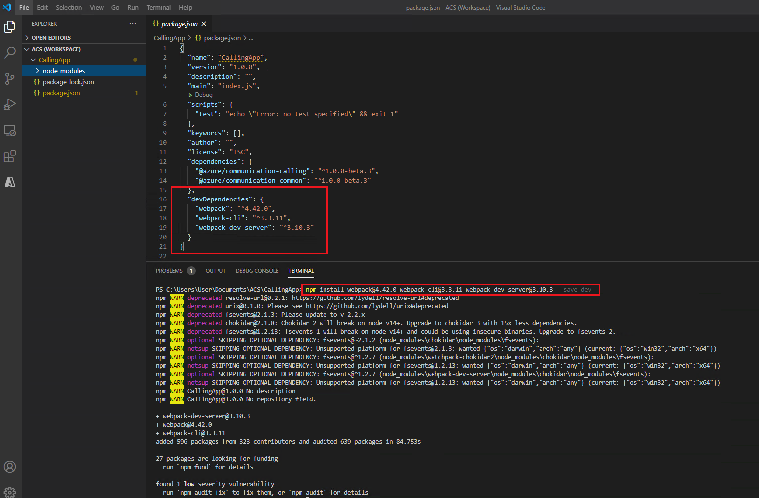Skärmbild som visar konfigurationen av webbpaketet.