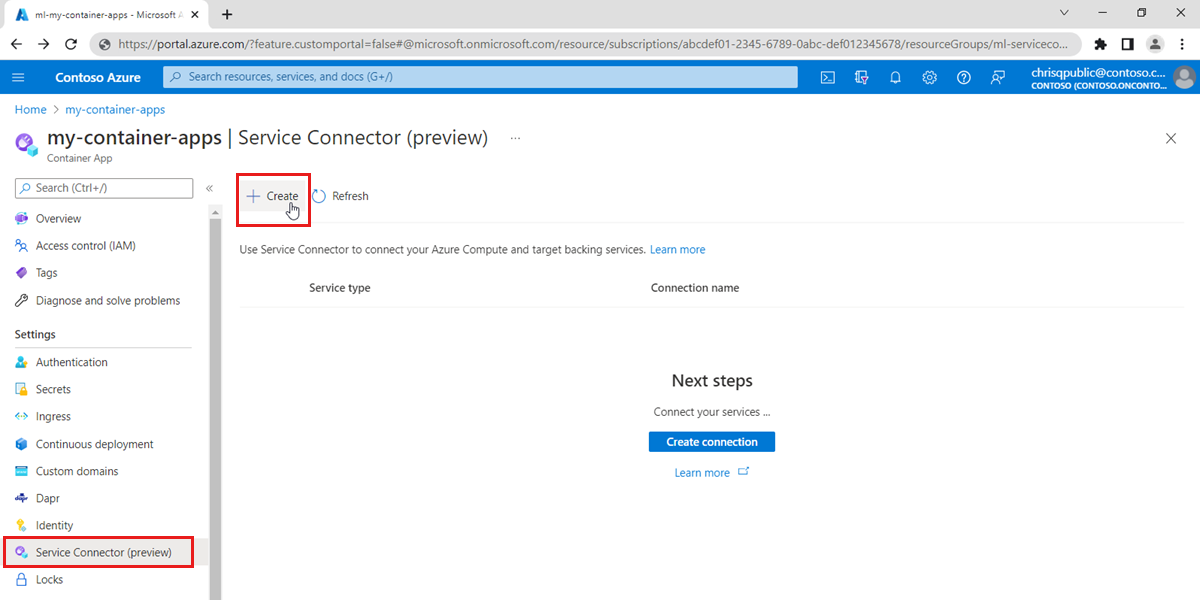 Skärmbild av Azure-portalen och välj Service Connector i en containerapp.