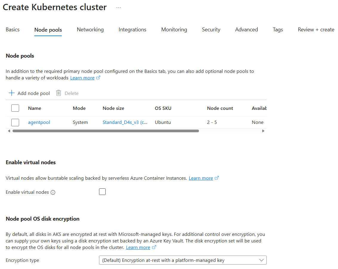 Skärmbild som visar hur du konfigurerar sidan Nodpooler för att skapa AKS-kluster i Azure Portal.