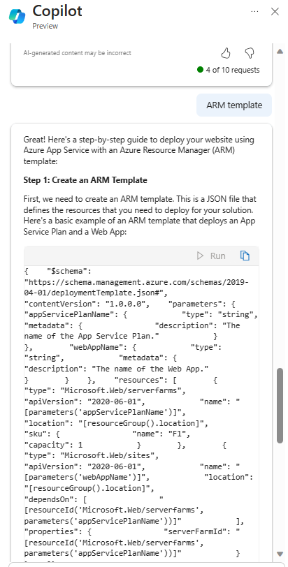 Skärmbild som visar hur Microsoft Copilot för Azure skapar en ARM-mall.