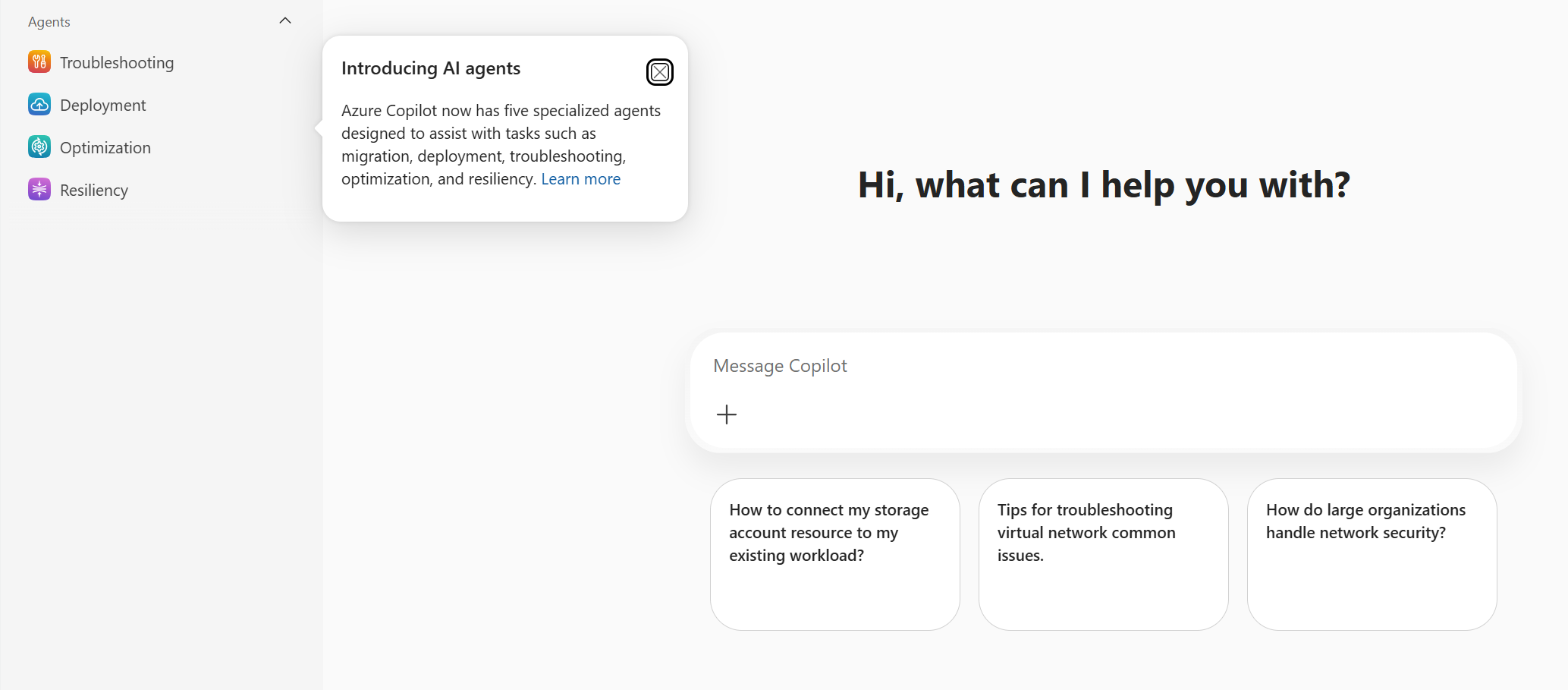 Skärmbild av Azure Copilot startpunkt för distributioner.