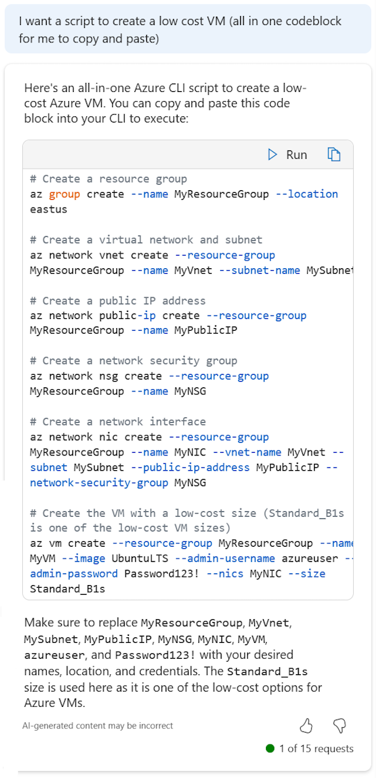 Skärmbild av Microsoft Copilot för Azure som tillhandahåller ett Azure CLI-skript för att skapa en virtuell dator.