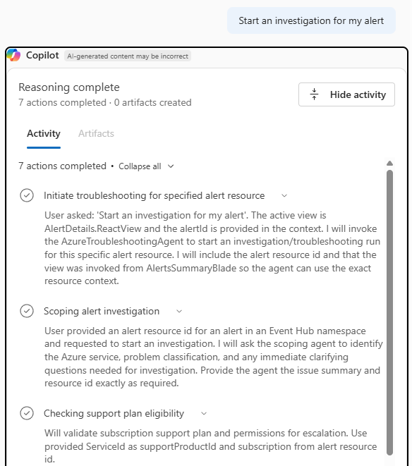 Skärmbild av Azure Copilot som påbörjar en larmundersökning med detaljerad analys.