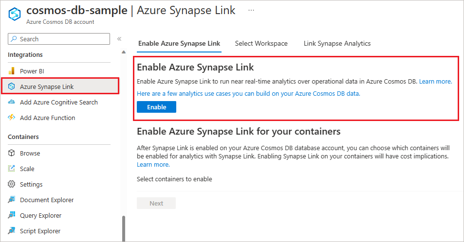 Screenshot showing how to enable Synapse Link feature.