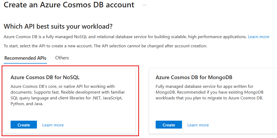 Skärmbild av Azure Cosmos DB API-markeringsfönstret med API:et för NoSQL markerat.