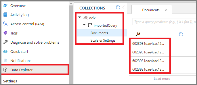 Skärmbild av verifiering av Mongorestore-data i Azure Cosmos DB.