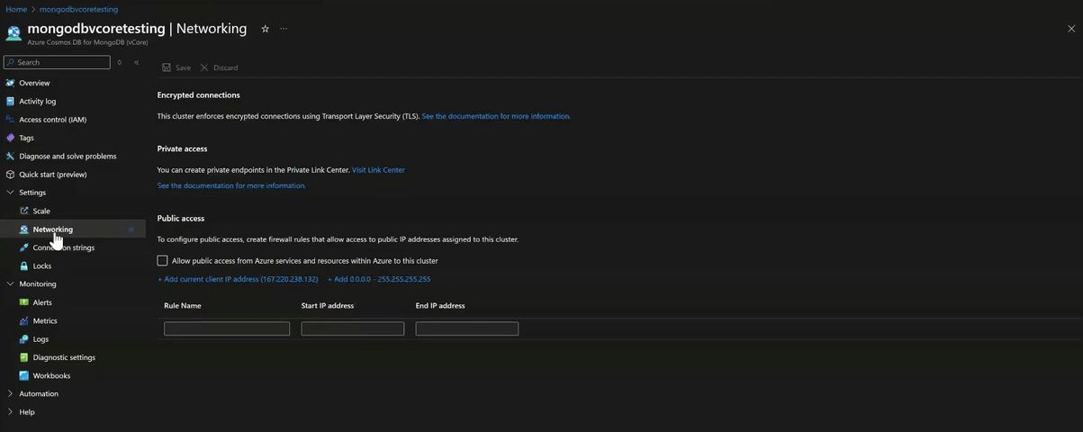 Animering som visar en uppdatering av brandväggsinställningarna för Azure Cosmos DB för MongoDB i arkitekturen för virtuella kärnor.