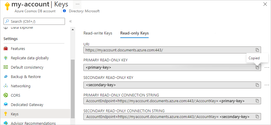 Skärmbild av sidan Azure Cosmos DB-nycklar.