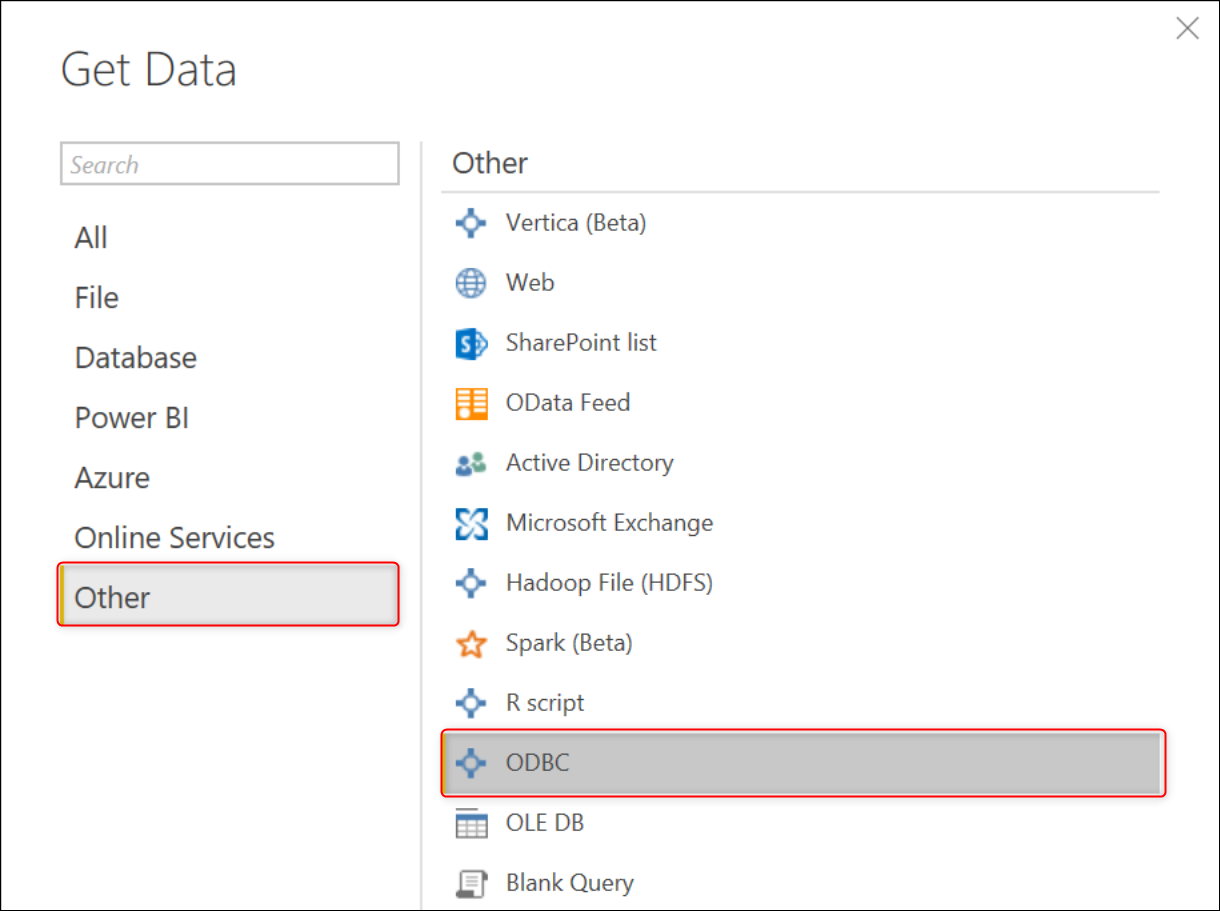 Skärmbild som visar hur du väljer ODBC-datakälla i Power BI Hämta data.