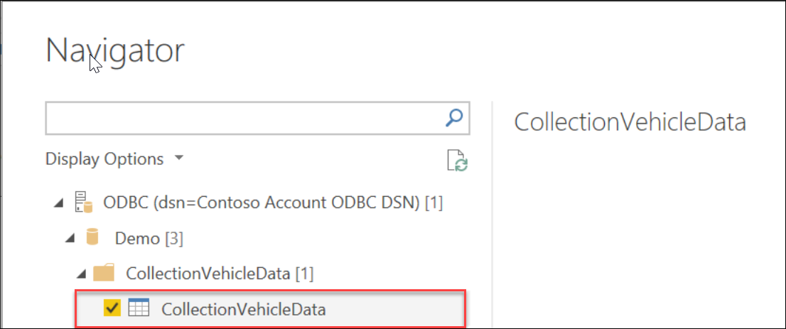 Skärmbild av att välja tabellen i Power BI Hämta data.