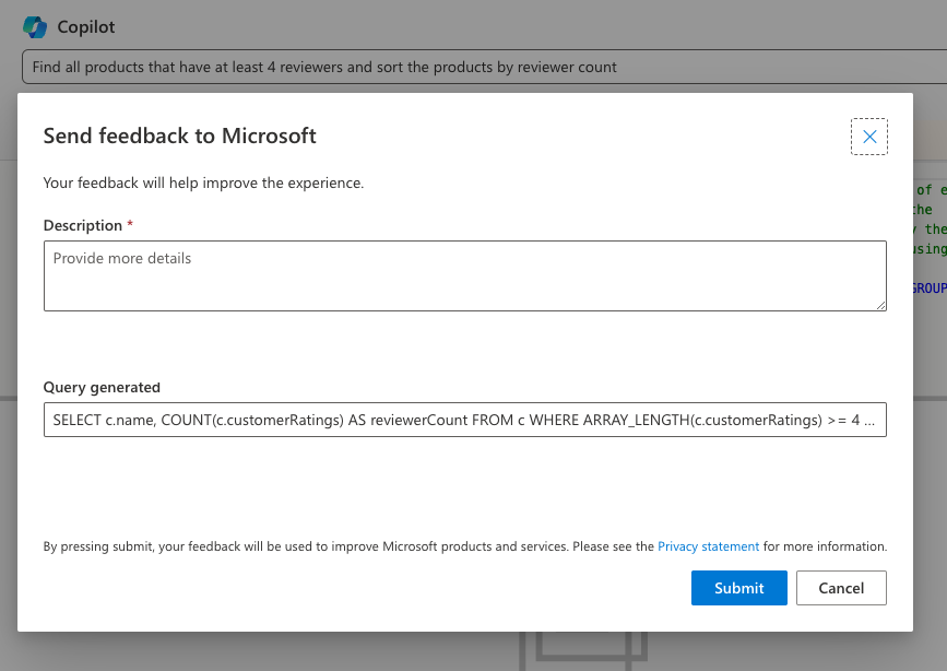 Skärmbild av feedbackformuläret för Microsoft Copilot.
