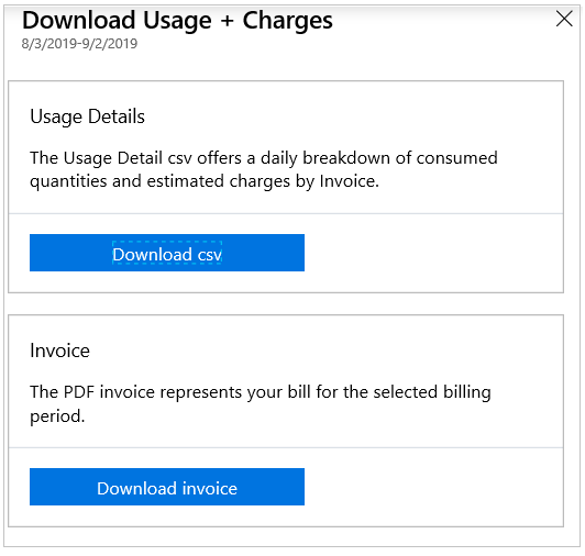 Screenshot that shows Download invoice and usage page