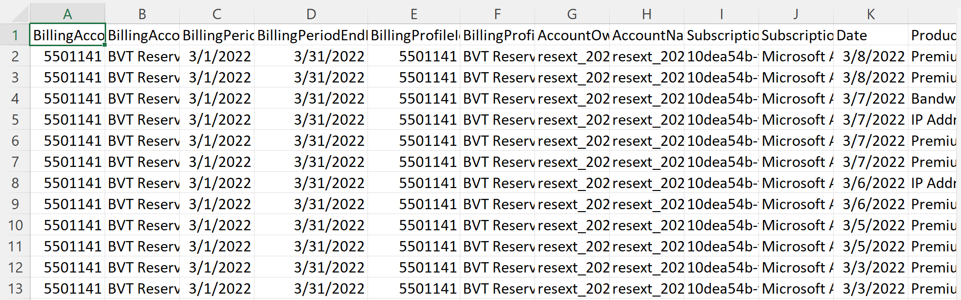 Exempel på skärmbild av den oformaterade amorterade användningsfilen.