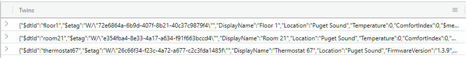 Skärmbild av tvillingarna som finns i Azure Digital Twins-instansen.