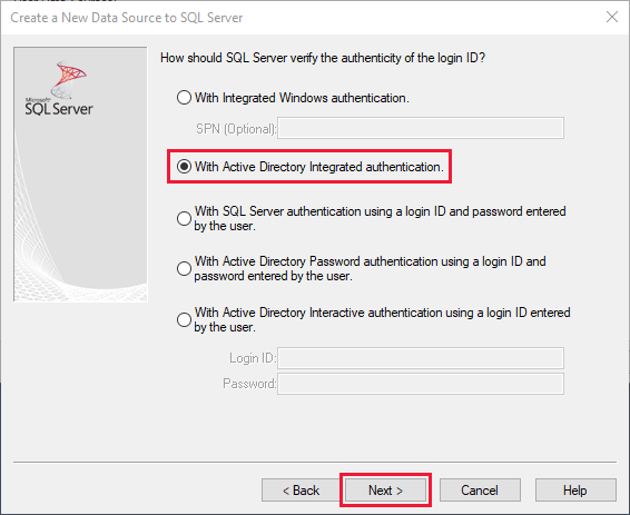 Skärmbild av listrutan för autentiseringsmetod som visar Active Directory Integrated valt.