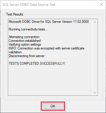 Skärmbild av testdatakällans resultat som visar ett meddelande om att anslutningen har slutförts.