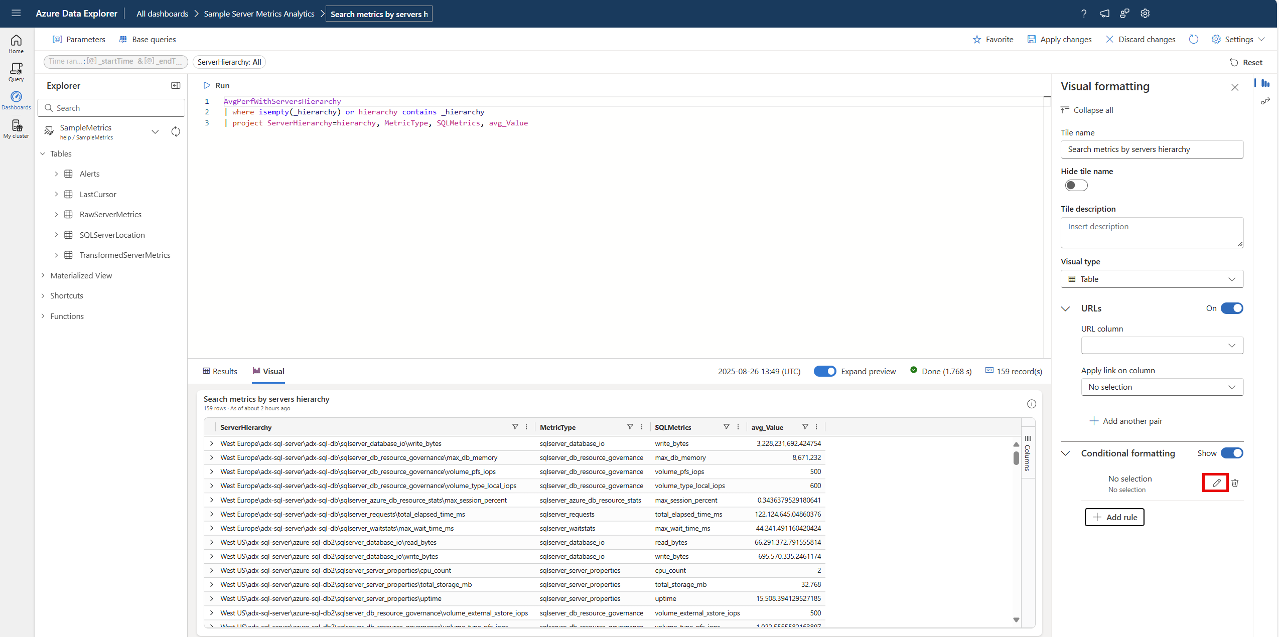 Skärmbild av redigering av en ny regel i instrumentpaneler i Azure Data Explorer.