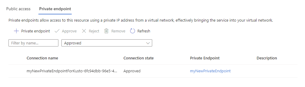 Skärmbild av nätverkssidan som visar alla privata slutpunkter i klustret i Azure Portal.