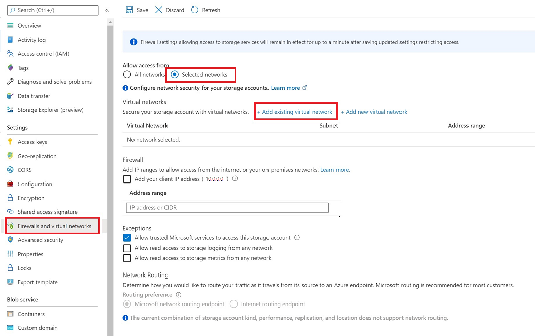 Lägg till den befintliga virtuella nätverksanslutningen Azure Storage till Azure Data Explorer.