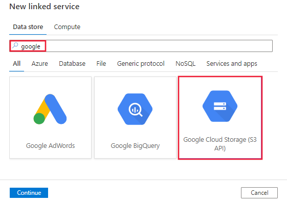 Välj anslutningsprogrammet för Google Cloud Storage (S3 API).