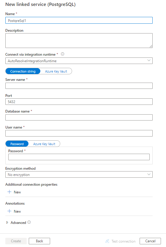 Skärmbild som visar Konfigurera en länkad tjänst till PostgreSQL.