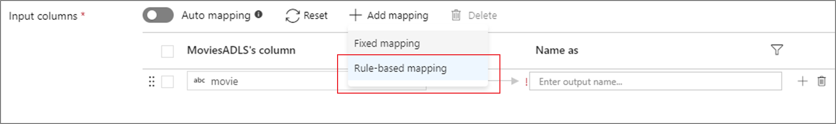 Skärmbild som visar regelbaserad mappning som valts från Lägg till mappning.