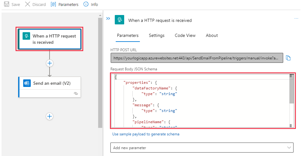 Visar arbetsflödesdesignern för triggern Request med JSON-schemafältet för request-kropp ifyllt.