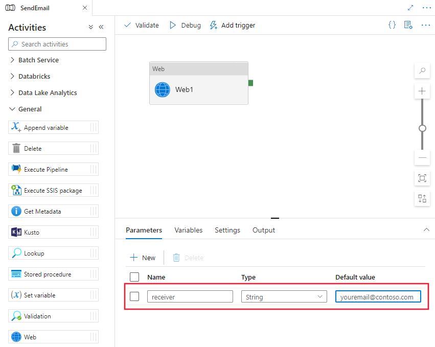 Visar konfigurationen av mottagarparametern i pipelinedesignern.
