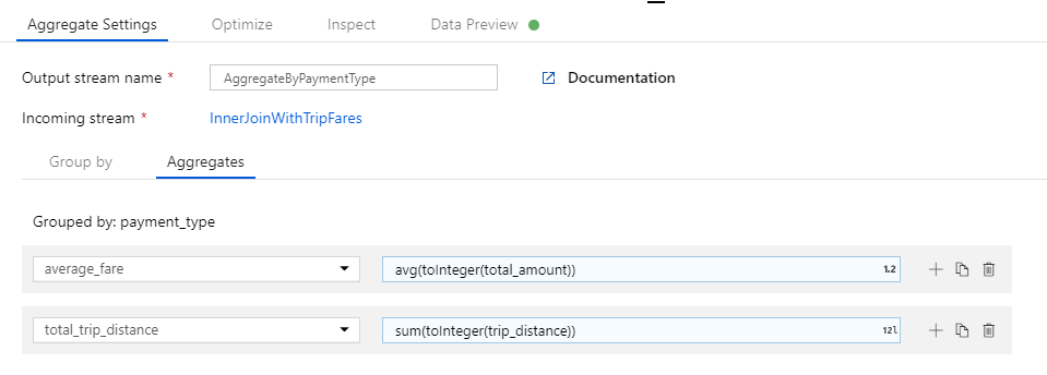 Skärmbild från Azure Portal av två kolumner i aggregeringsinställningarna grupperade efter alternativ.