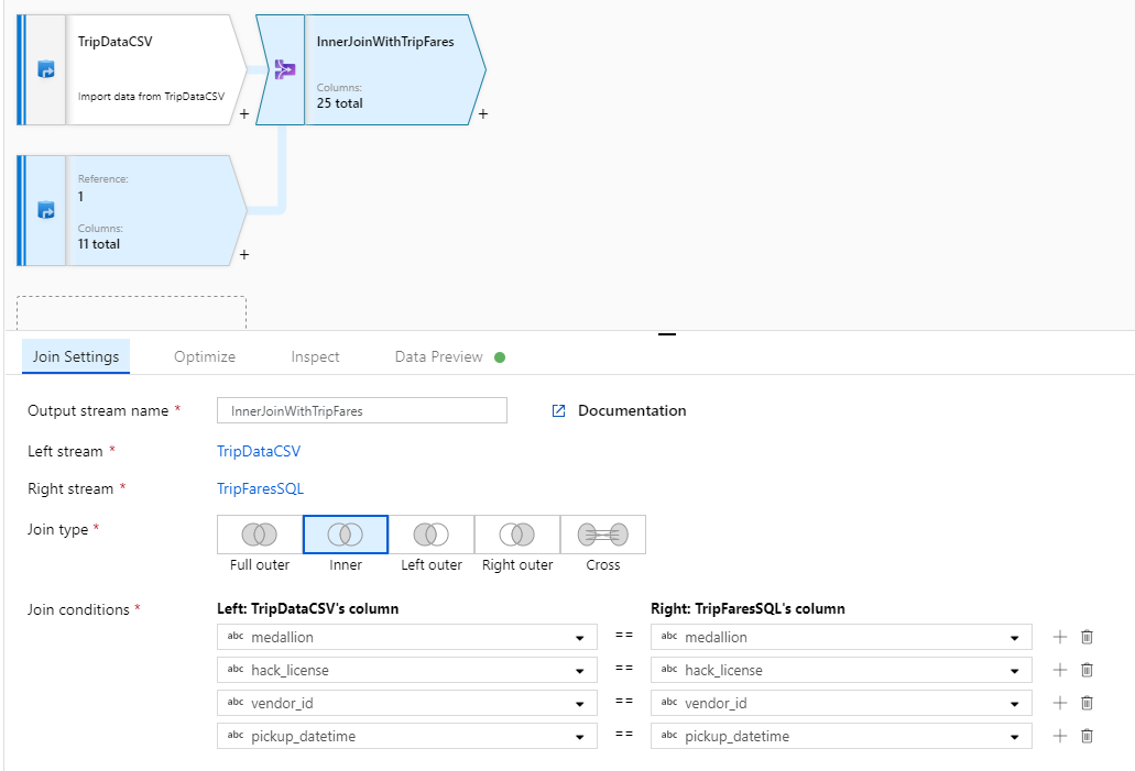 Skärmbild från Azure Portal av inställningar för dataflödeskoppling.