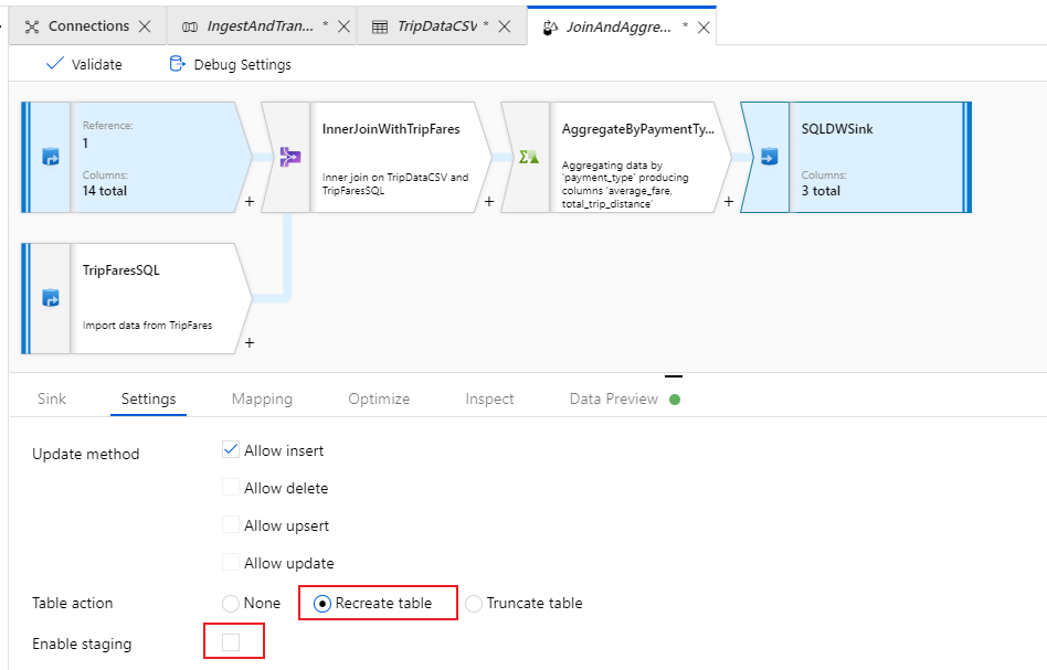 Skärmbild från Azure Portal av inställningar för datamottagare, alternativet Återskapa tabell.