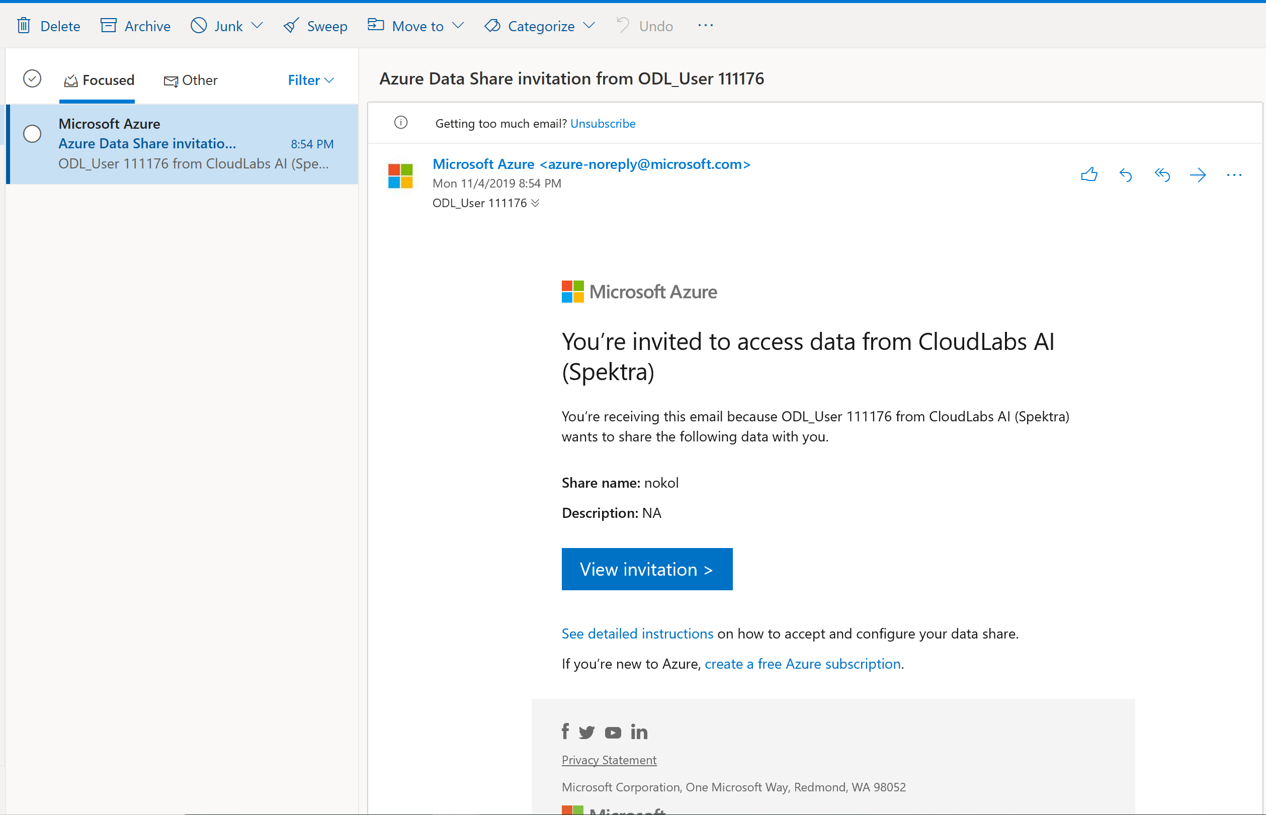 Skärmbild från Outlook av en e-postinbjudan.