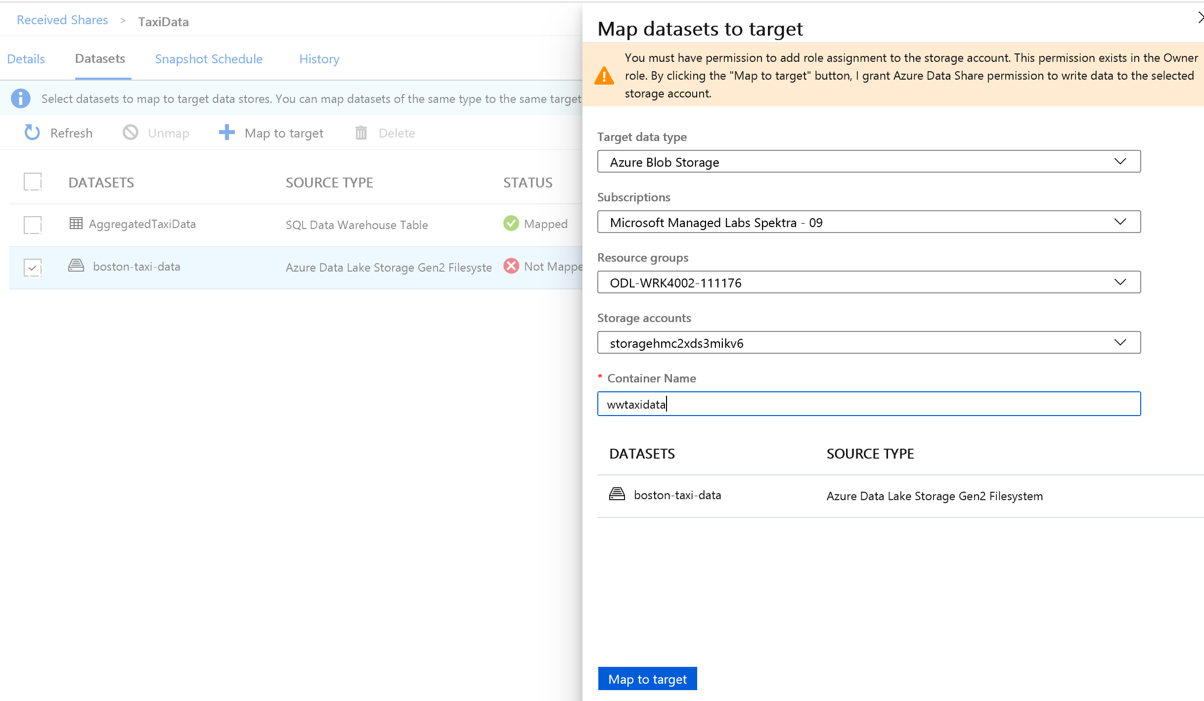 Skärmbild från Azure Portal av mappningsdatauppsättningar till en Azure Blob Storage-mål.